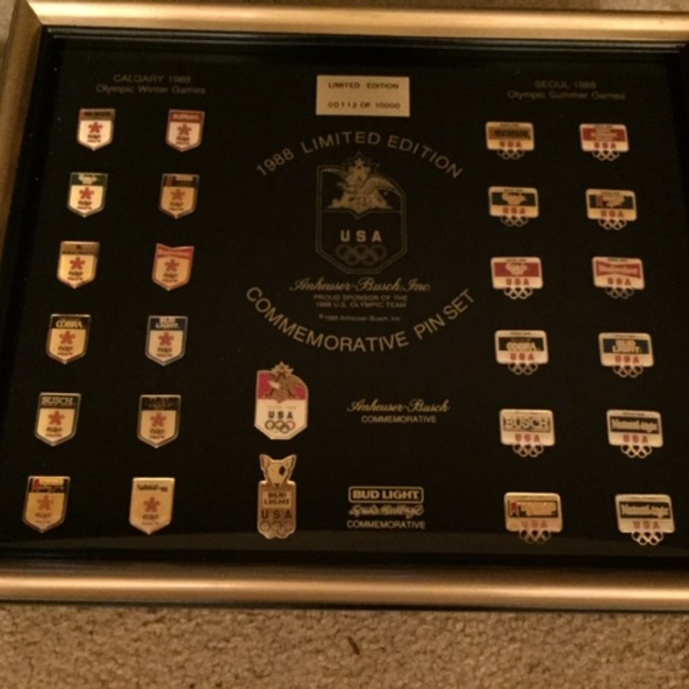1988 LTD EDITION ANHEUSER BUSCH OLYMPIC COMMEMORATIVE FRAMED PIN SET 112 of 10 K